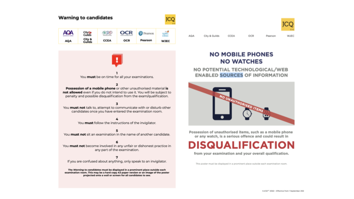 Exam regulations posters outlining rules on mobile phones and disqualification procedures.