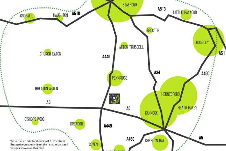 Map showing school bus routes and transport options around Staffordshire.